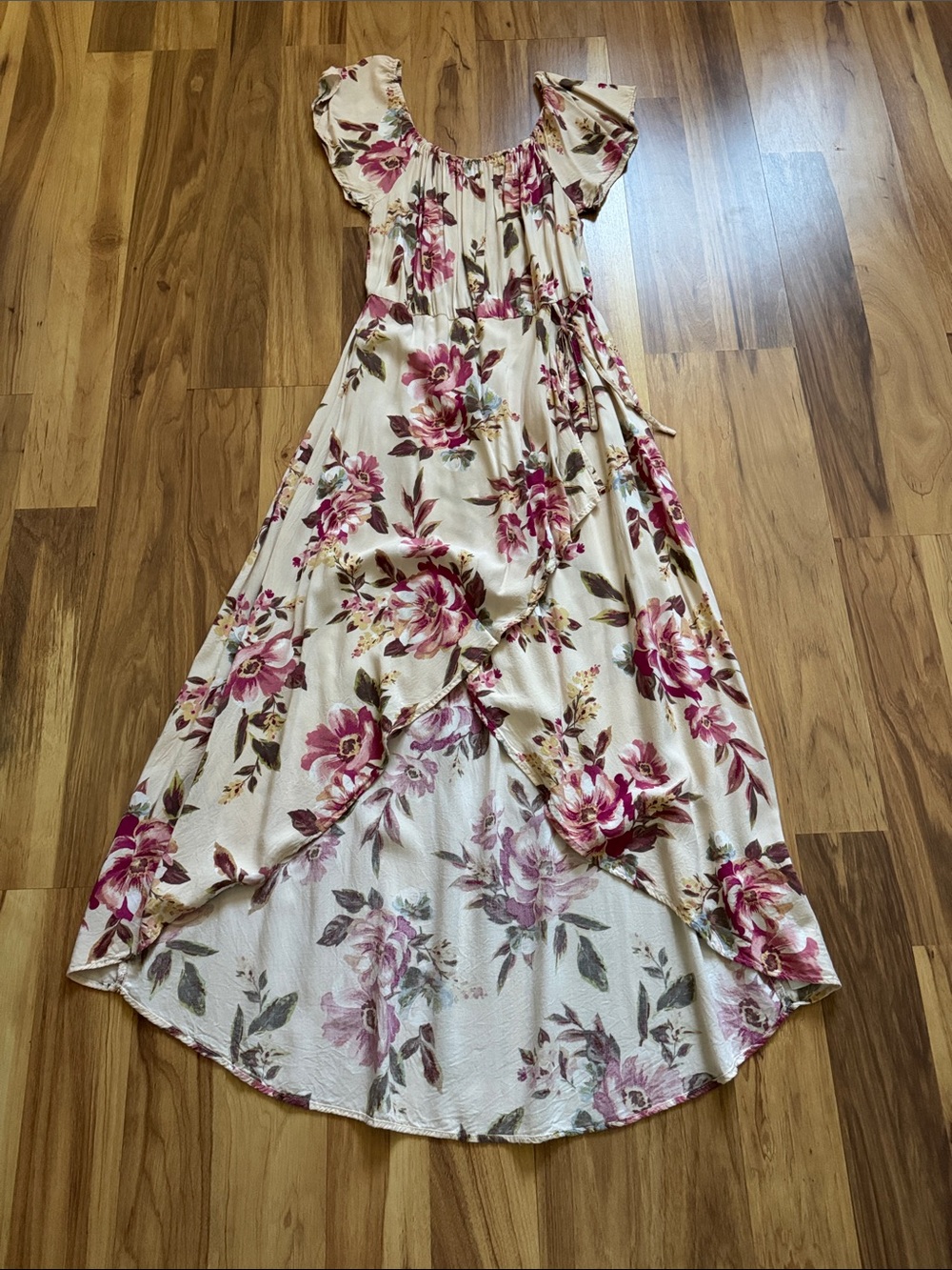 Band of Gypsies Cream Maxi Dress with Pink Floral Print
